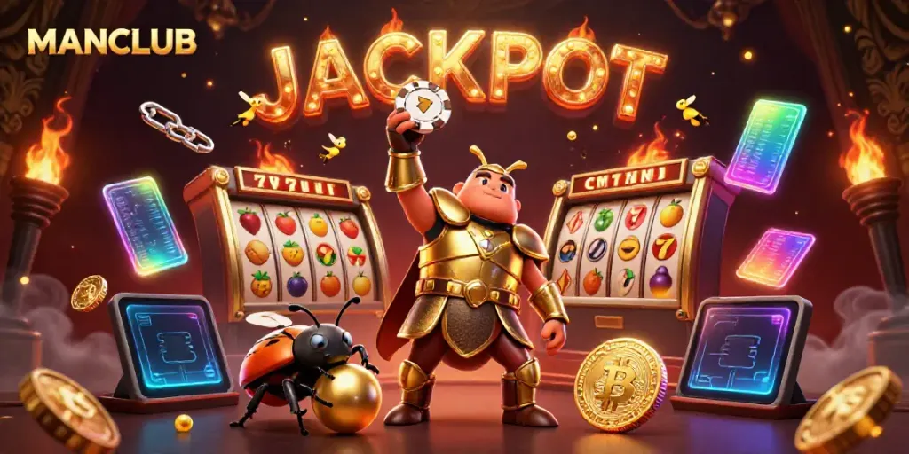 Experience the MANCLUB slot jackpot with vibrant characters and glowing coins in this exciting digital illustration.