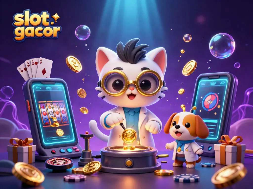 Engaging scene of a mad scientist cat and dog in a lab with fun slot gacor game elements.