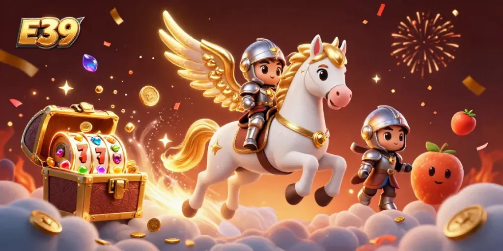 Experience thrilling E39 casino adventures with the celestial horse and knight amidst vibrant slots and treasures.