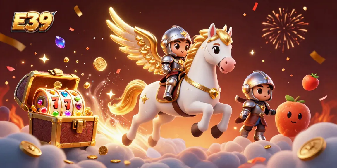 Experience thrilling E39 casino adventures with the celestial horse and knight amidst vibrant slots and treasures.