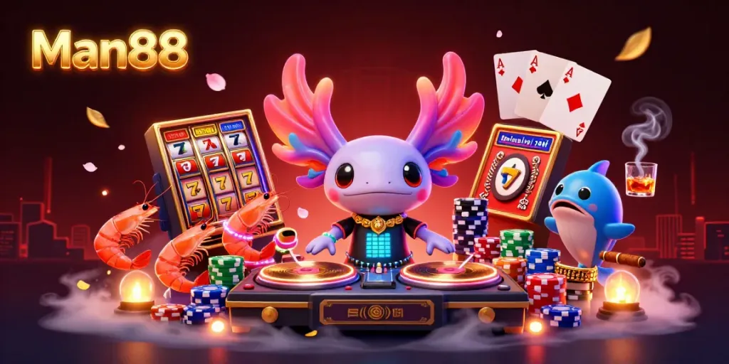 Experience exciting gaming action with Man88's vibrant underwater casino party.