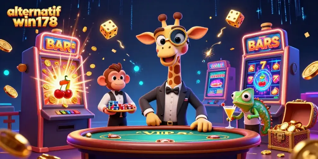 Experience the thrill with alternatif win178: a vibrant casino scene featuring a high-roller giraffe, monkey valet, and chameleon bartender.