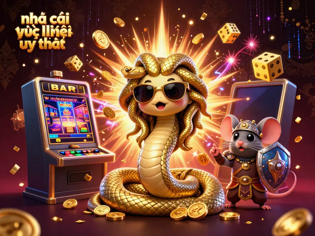 Captivating 3D illustration showcasing nhà cái trực tuyến uy tín with a cute Medusa and warrior mouse amid casino elements.