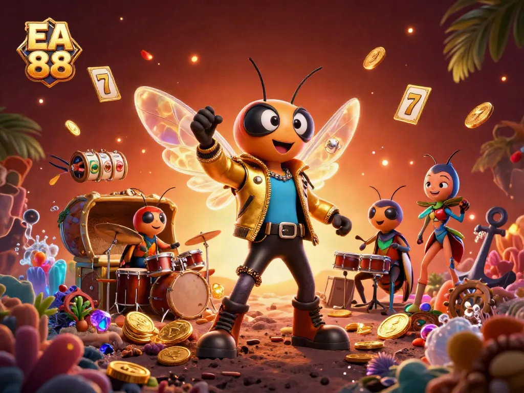 Experience the vibrant EA 88 casino scene with a rock star cicada, gold coins, and exciting slot elements.