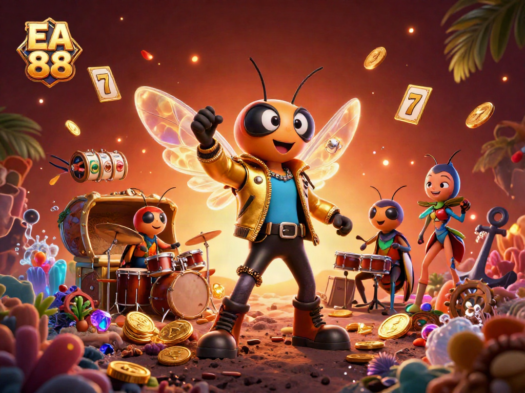 Experience the vibrant EA 88 casino scene with a rock star cicada, gold coins, and exciting slot elements.