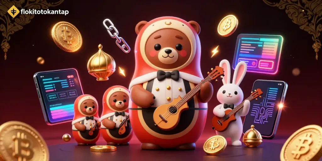 Exciting casino scene with flokitotokantap showcasing 3D cartoon bears, crypto coins, and neon elements.