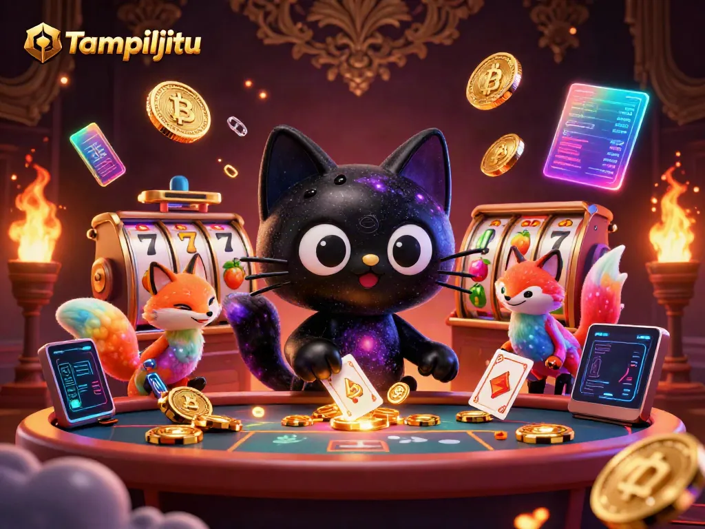 Engage in Tampiljitu's immersive cosmic casino with vibrant slot elements and cryptocurrency-themed imagery.