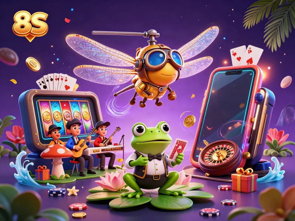 Experience 8S gameplay with a lively casino scene featuring a frog croupier and dragonfly pilot.