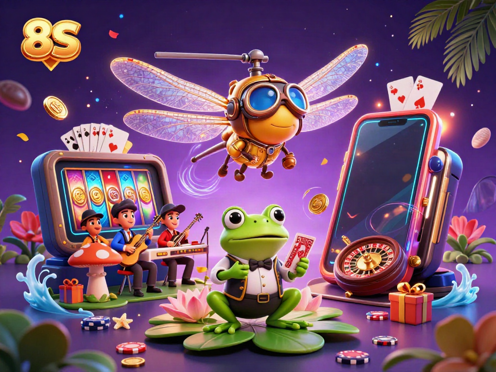 Experience 8S gameplay with a lively casino scene featuring a frog croupier and dragonfly pilot.