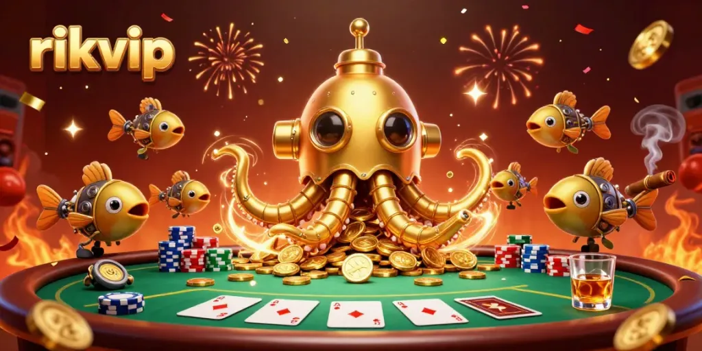 Experience the magic of rikvip with an engaging 3D casino scene featuring a kraken submarine and poker elements.