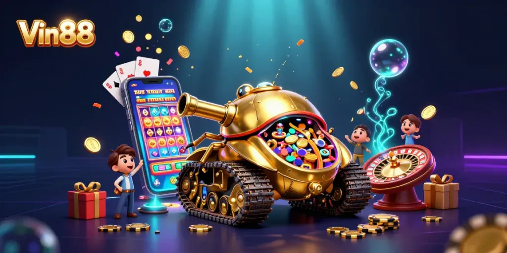 Spin to win with Vin88 in this vibrant 3D casino scene featuring immersive gaming elements.