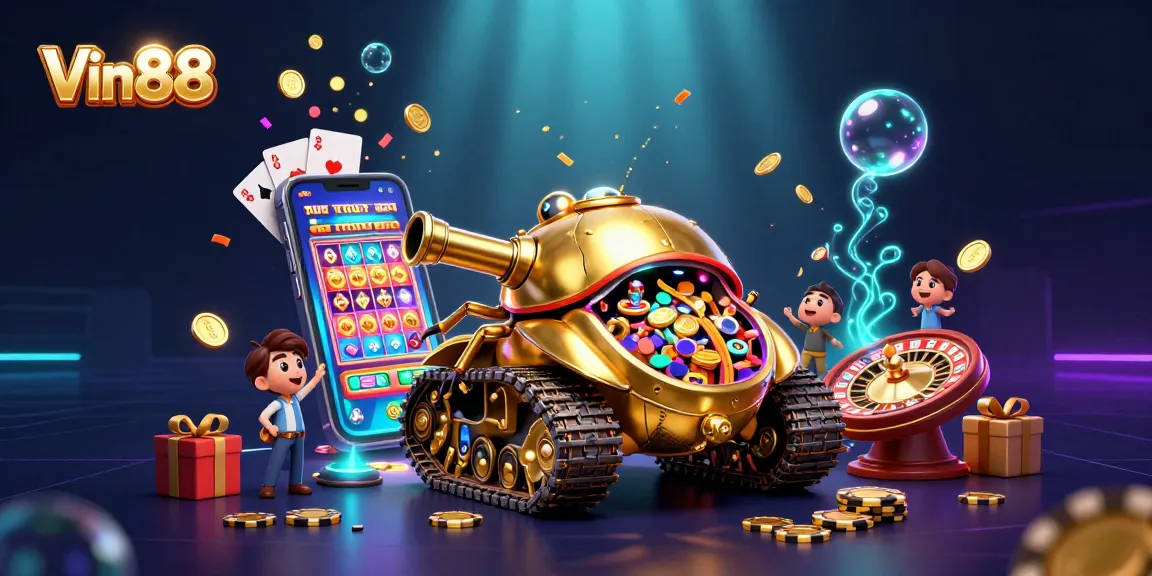 Spin to win with Vin88 in this vibrant 3D casino scene featuring immersive gaming elements.