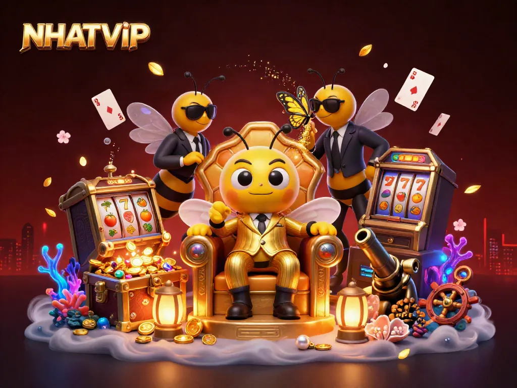 Experience thrilling action at NHATVIP with a dynamic casino scene featuring unique characters and vibrant symbols.