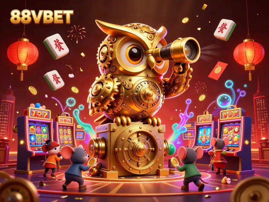 Discover 88VBET's thrilling casino scene with a cartoon owl, vibrant slot machines, and festive game elements.