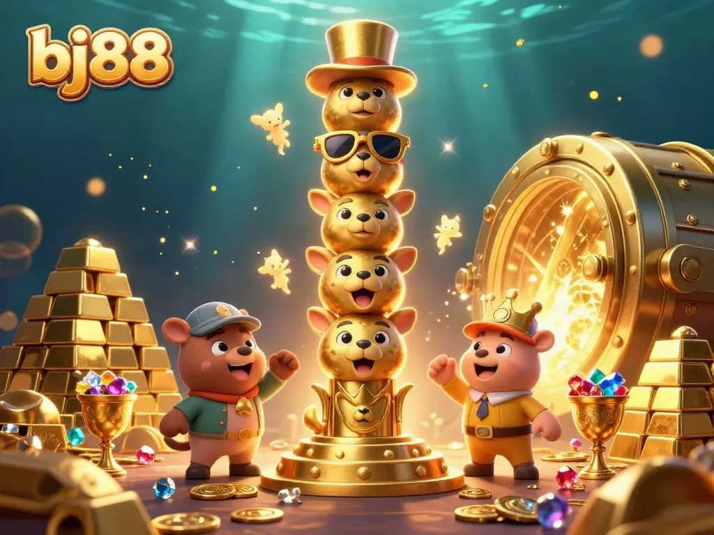 Experience thrilling gaming action with bj88's vibrant 3D casino illustration featuring dynamic golden treasures.