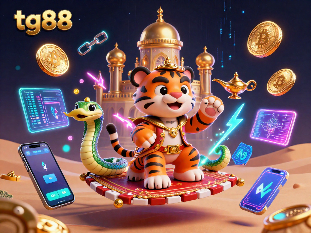 tg88 offers exciting gaming opportunities with vibrant 3D illustration showcasing themed elements and crypto coins.