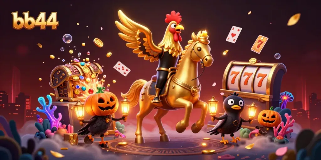 Experience the thrilling bb44 casino adventure with the golden rooster and spectral horse, surrounded by festive elements.