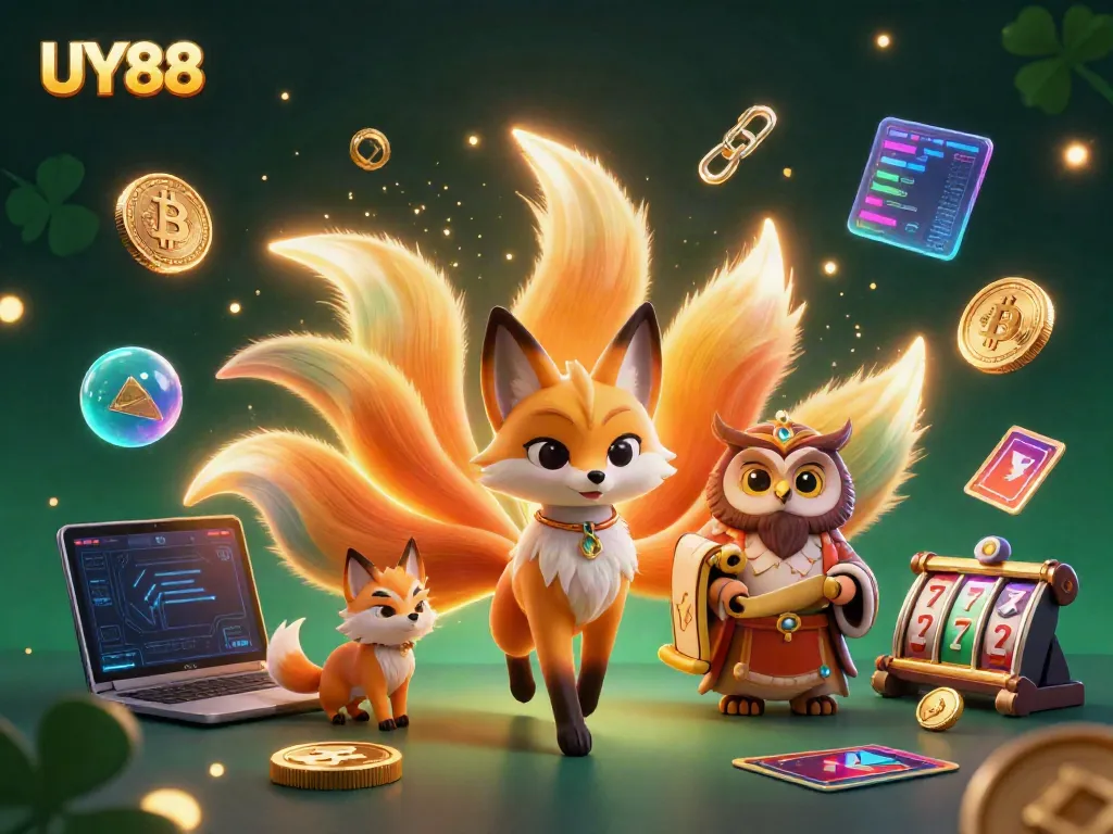Experience UY88's vibrant casino environment with a mystical nine-tailed fox, vibrant spirits, and coins.