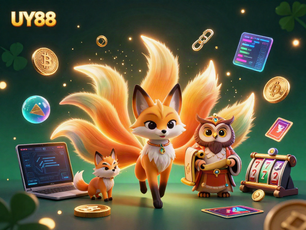 Experience UY88's vibrant casino environment with a mystical nine-tailed fox, vibrant spirits, and coins.