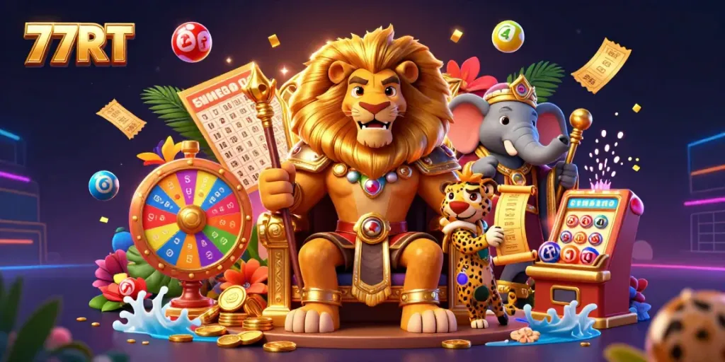 Play dynamic games on 77RT with vibrant casino elements and a captivating 3D scene.