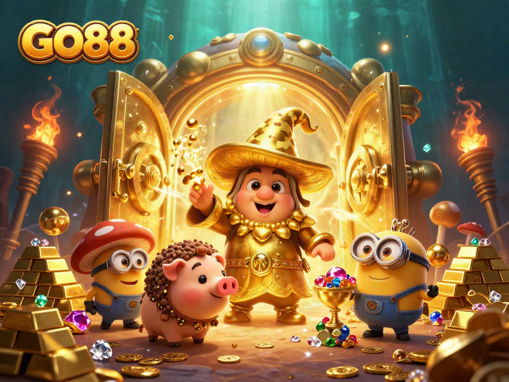 Experience the thrill of GO88 with enchanting treasure-filled wizardry, showcasing gems and gold.