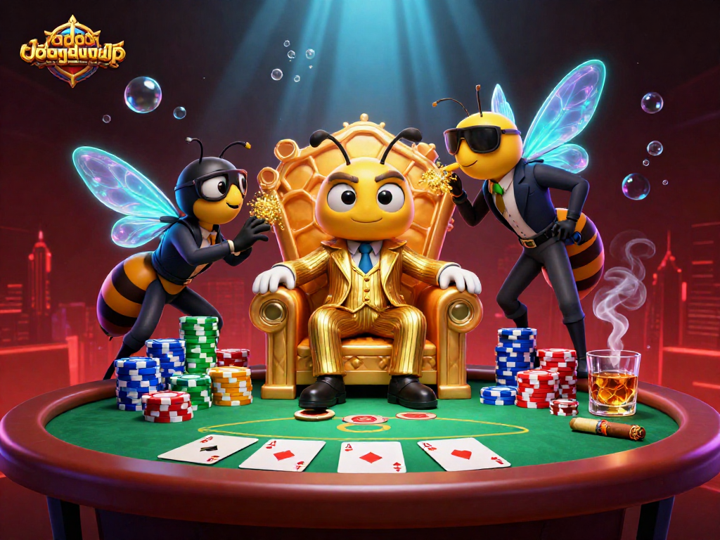 Engage in strategic poker play with cadobongdawzmp’s illustrated bumblebee mob boss and vibrant game elements.