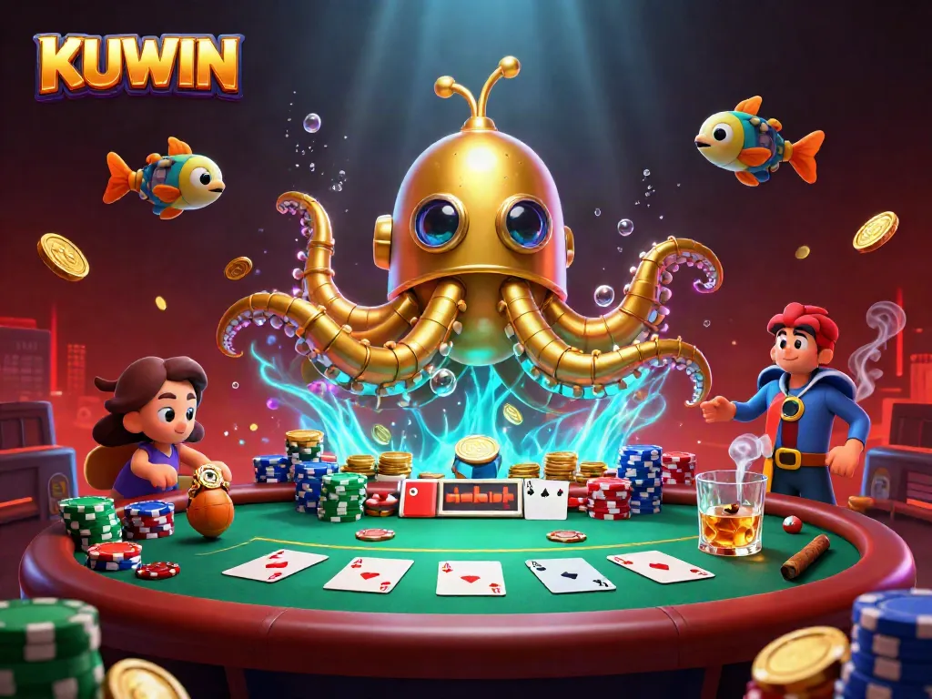 Experience a thrilling game at KUWIN with the golden kraken submarine, surrounded by poker elements and vibrant ocean treasures.