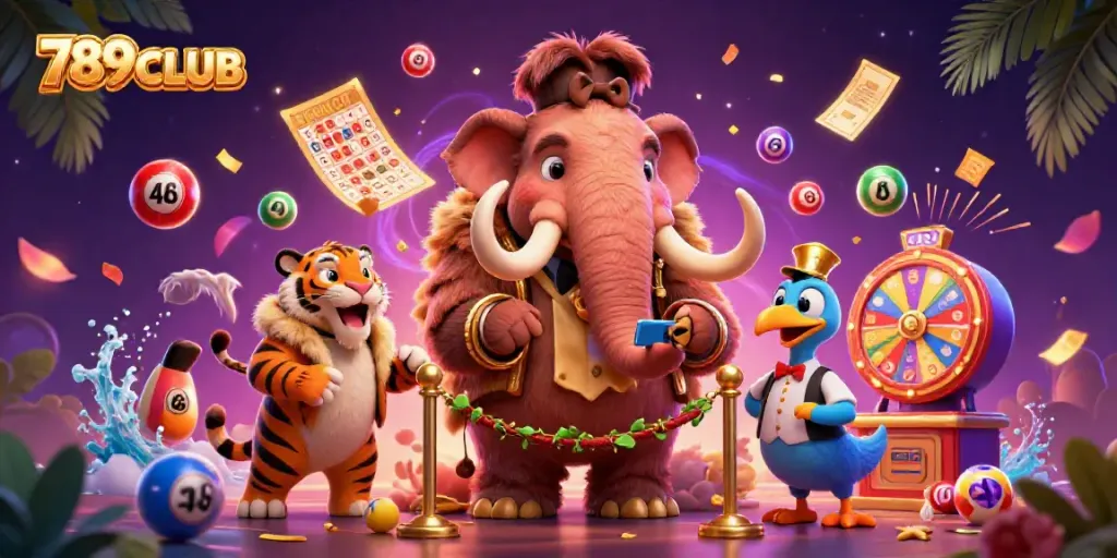 Engage with 789CLUB at a vibrant casino scene featuring a woolly mammoth bouncer, saber-tooth tiger VIP guest, and lively lottery elements.