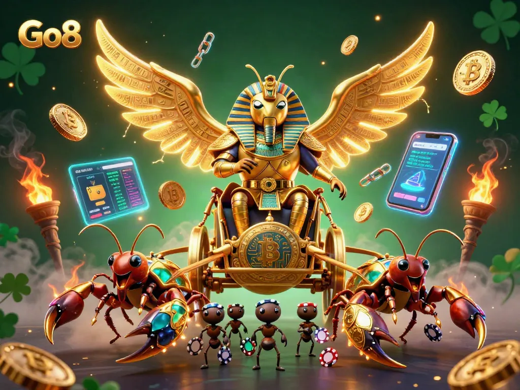 Engage in thrilling gaming with Go8 as a colossal golden scarab leads animated casino battles.