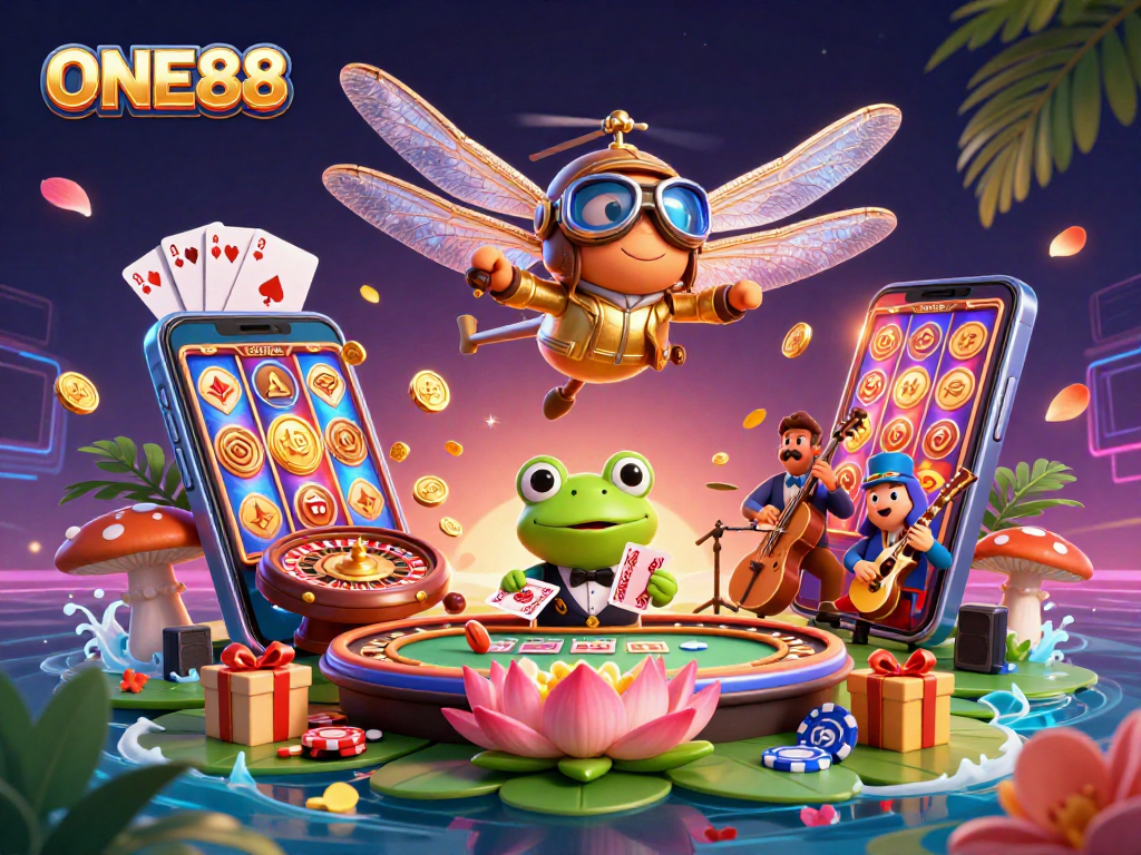 Experience the thrill of ONE88's dynamic gaming scene with a dragonfly pilot and frog dealer.