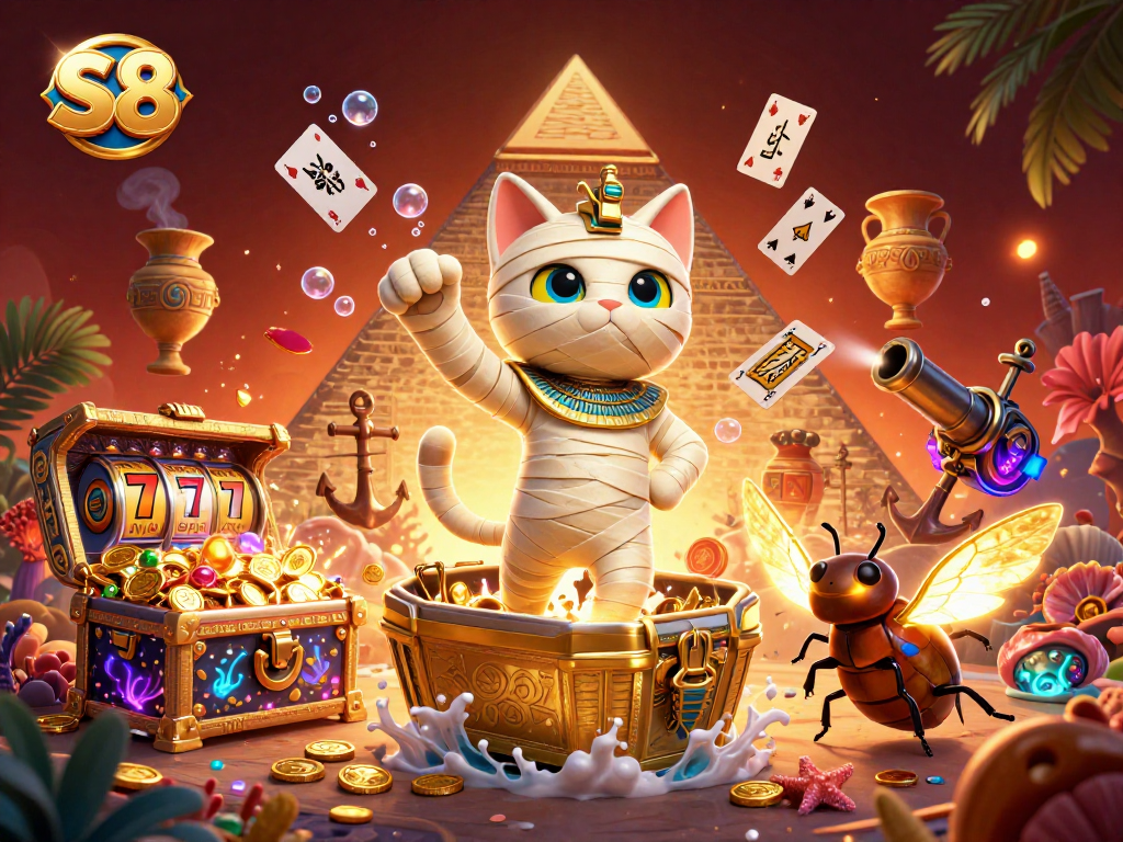 Engage with S8's exciting gaming atmosphere featuring a mummy cat bursting from a sarcophagus in a vibrant casino.