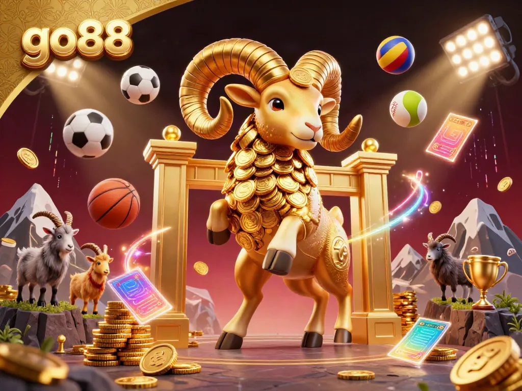 Engage with the vibrant world of go88 casino gaming, featuring a golden ram charging amidst dynamic sports elements.