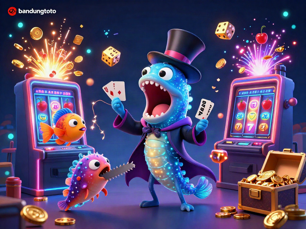 Engage with exciting casino scenes featuring bandungtoto's vibrant underwater characters performing magic tricks amidst gambling elements.