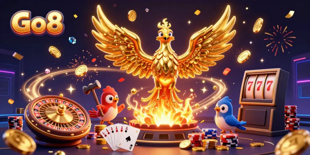 Experience thrilling gaming at Go 8 with a molten phoenix bringing luck and fortune amidst vibrant casino elements.