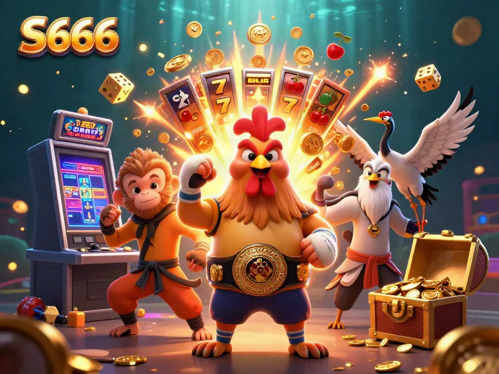 S666 showcases a vibrant 3D casino scene with a Muay Thai rooster, Shaolin monkey, and wise crane amid jackpot elements.