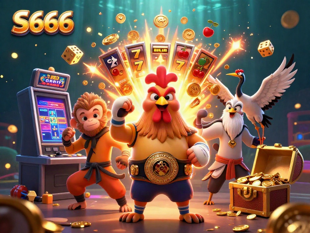 S666 showcases a vibrant 3D casino scene with a Muay Thai rooster, Shaolin monkey, and wise crane amid jackpot elements.