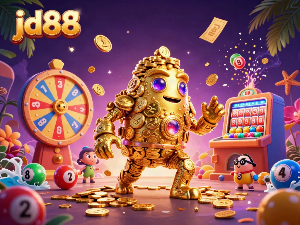 Engage with jd88's thrilling gaming dynamics featuring a golden golem among casino symbols.