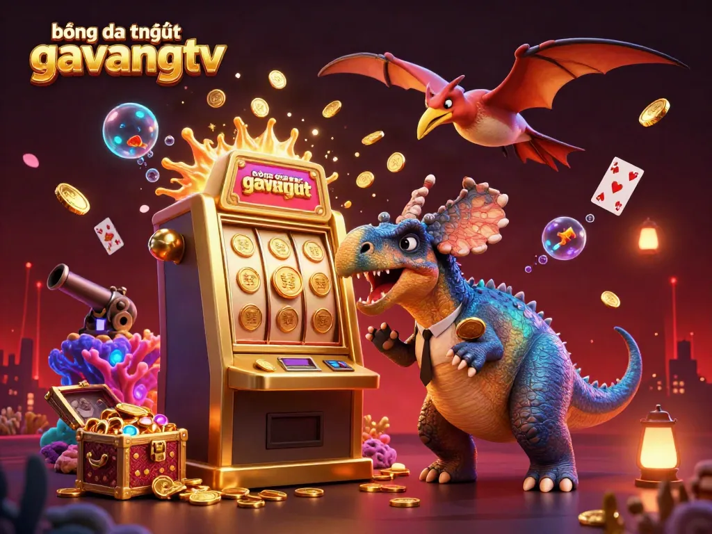 Experience bóng đá trực tuyến gavangtv with a playful pachycephalosaurus celebrating jackpot wins surrounded by vibrant casino elements.