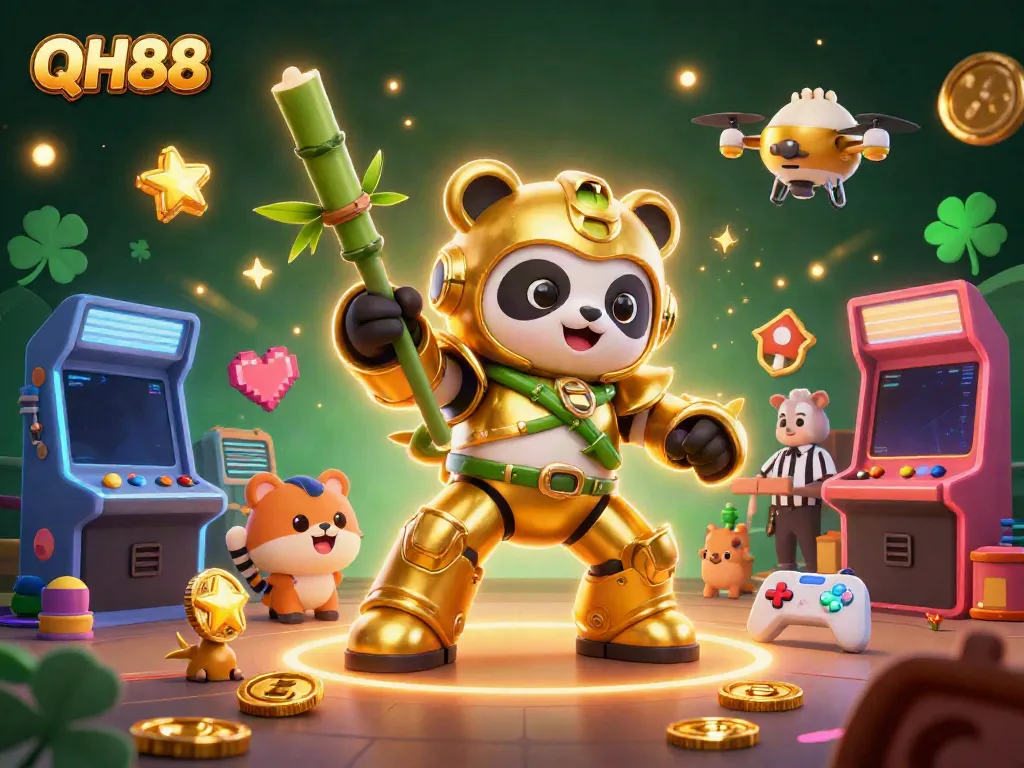 Experience the excitement at QH88 with a vibrant 3D illustration of a golden panda hero in a dynamic gaming arena.