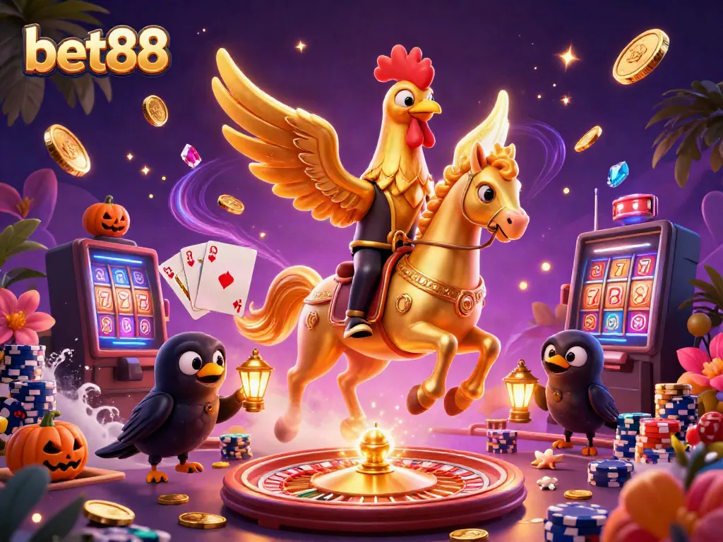 Engage in thrilling gaming adventures with bet88 at a vibrant casino scene featuring golden rooster characters and dynamic game elements.