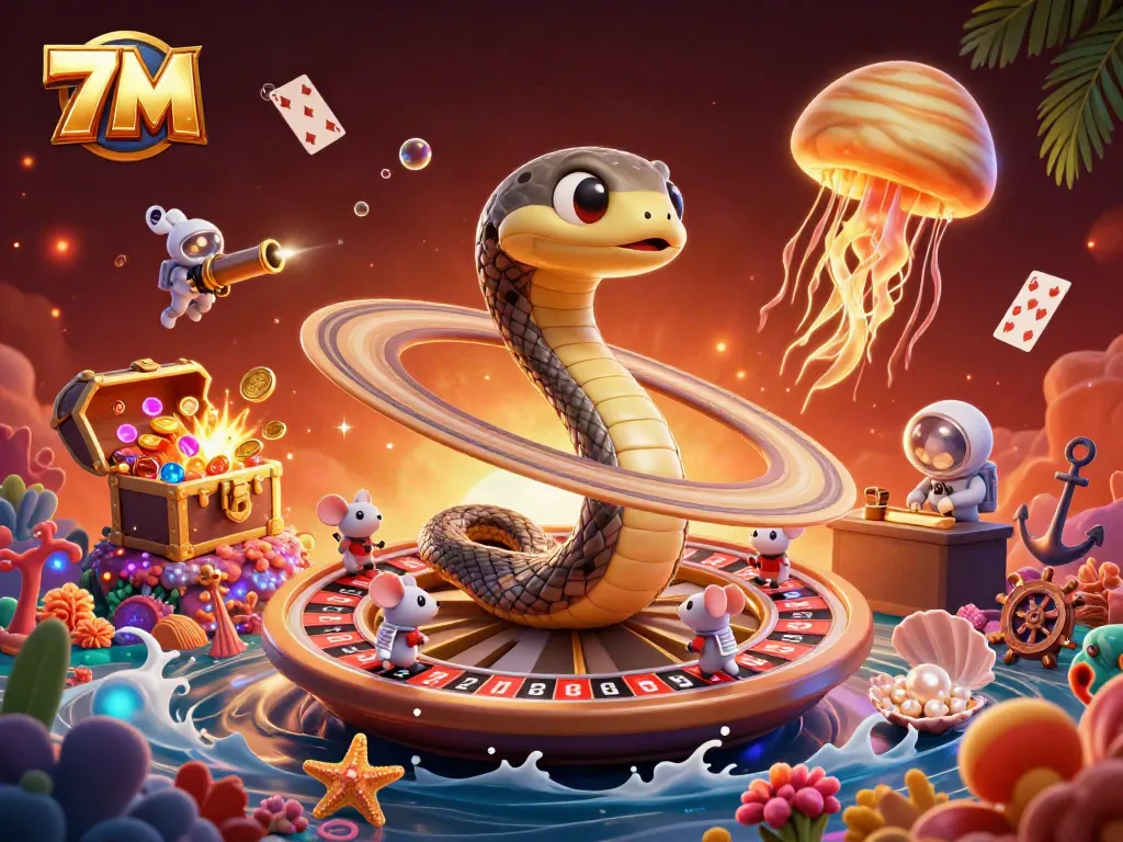 7M betting scene with astronaut mice wagering on a cosmic roulette wheel amid sparkling treasure.