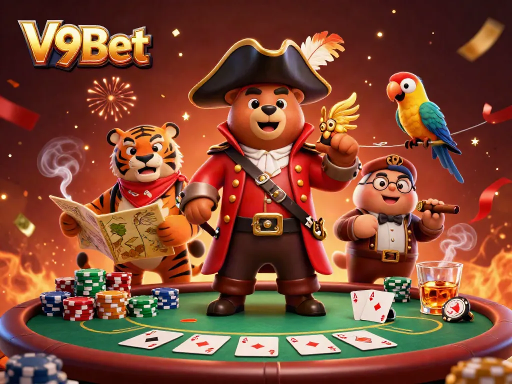 Engage with V9Bet's thrilling gaming experience showcased through a vibrant pirate-themed illustration.