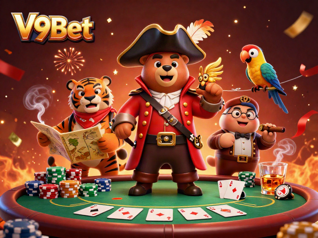 Engage with V9Bet's thrilling gaming experience showcased through a vibrant pirate-themed illustration.