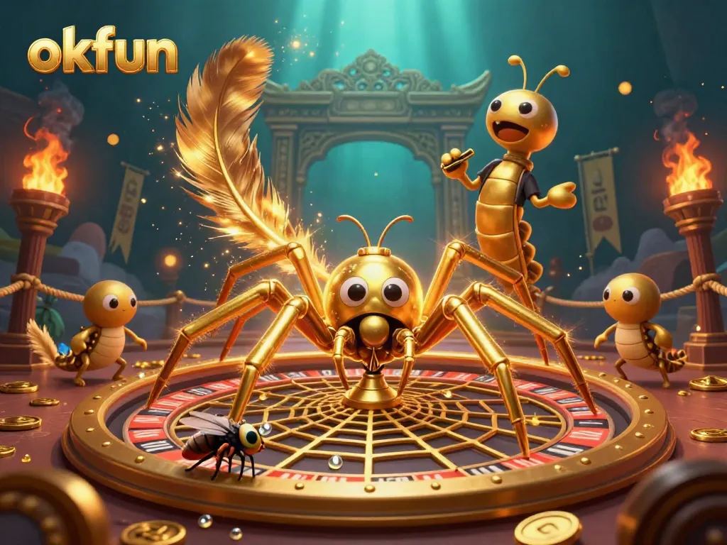 Experience the thrill of okfun with a spin on a golden roulette web in this vibrant casino illustration.