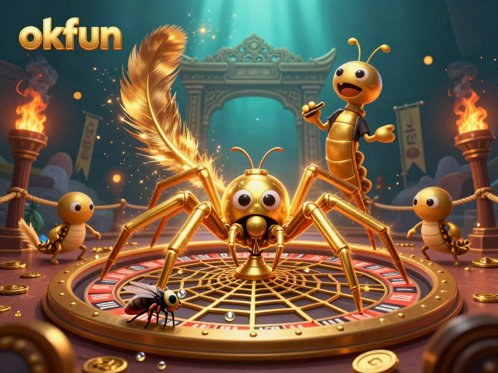 Experience the thrill of okfun with a spin on a golden roulette web in this vibrant casino illustration.