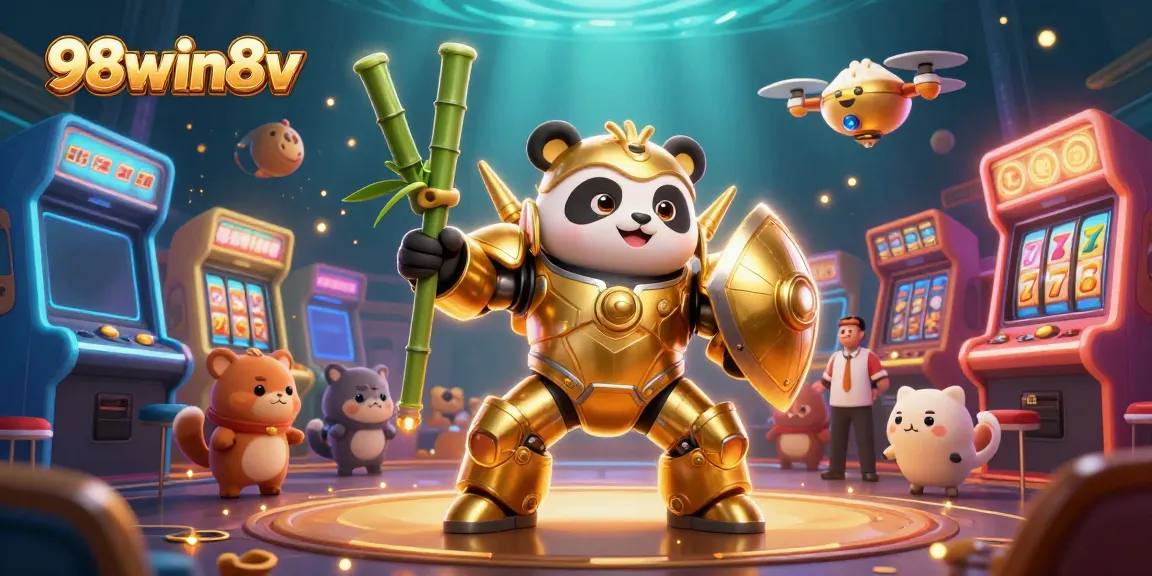 Dive into the vibrant world of 98win8v where a golden panda pilot engages in an exciting casino battle.