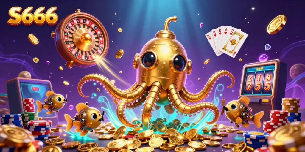 S666 captivates players with dynamic casino elements and a whimsical golden kraken submarine.