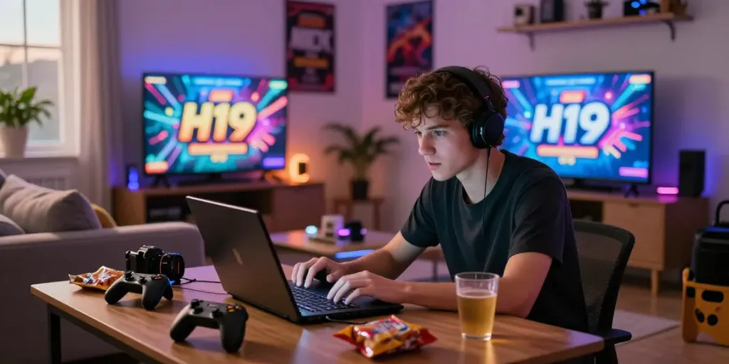 Engaged gamer playing H19 online casino games on a laptop in a vibrant living room at https://h19gene.com/ with energetic atmosphere.