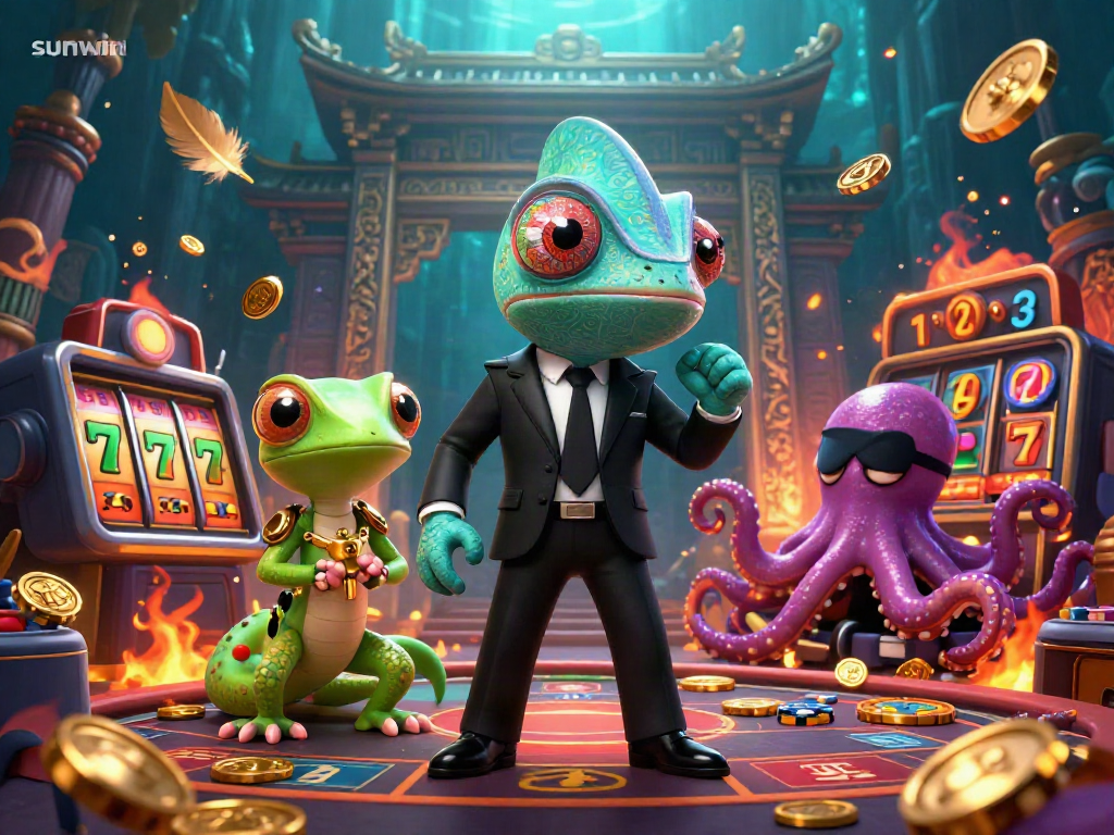 Experience thrilling gameplay with sunwin in this vibrant 3D casino scene featuring exciting slot reels.