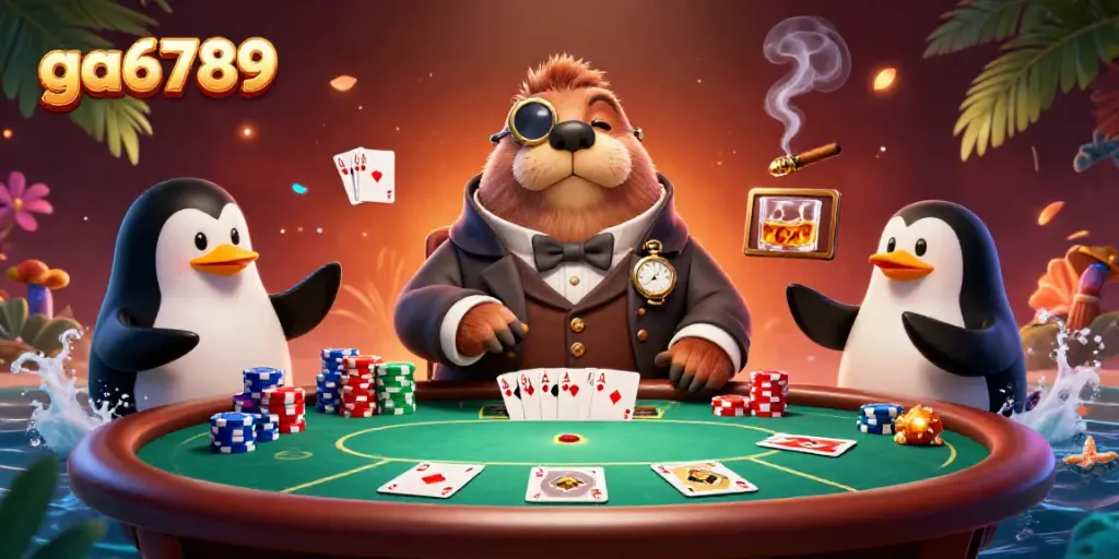 Experience excitement at ga6789 with a jolly walrus playing poker underwater.